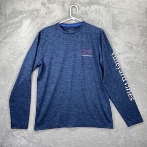 Vineyard Vines Shirt mens Small Performance Tee Blue Long Sleeve Pink Whale Logo